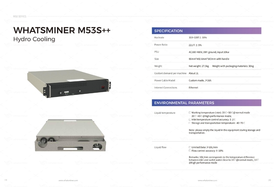 Refroidissement par l'eau de refroidissement hydraulique de machine d'abattage de Whatminer M53S++ 310T 328T BTC