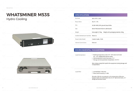 Mineur de refroidissement hydraulique de refroidissement par l'eau de Whatsminer M53S++ 310T 22j/T Bitcoin ASIC
