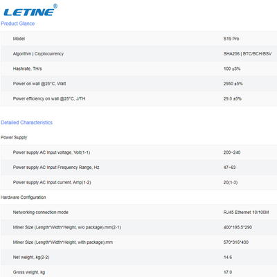 De Bitcoin pro 100T Bitmain Antminer S19Pro 110T 104T 29.5J/T mineur de chaîne de bloc d'Asic de puissance du mineur S19
