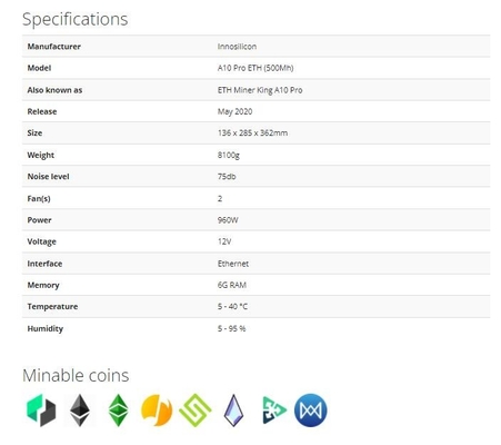 Pro 500Mh ETH Innosilicon Asic mineur Ethereum 960W EtHash Algo d'A10