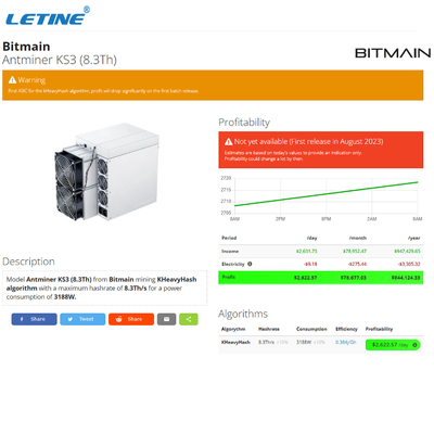 Bénéfice supérieur nouveau Bitmain Antminer KS3 8300G 3188W KAS-Kaspa KHeavyHash Algo KAS Miner KS3
