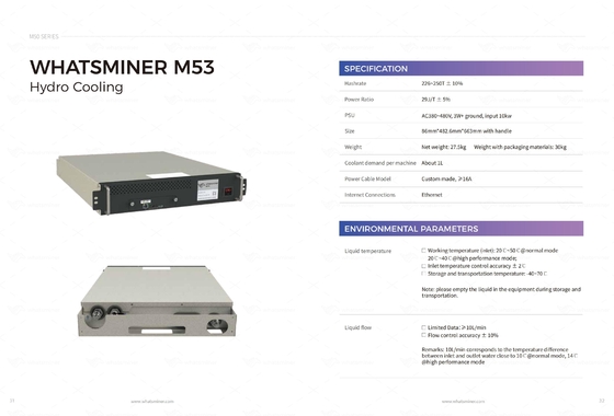Mineur de refroidissement hydraulique de refroidissement par l'eau de Whatsminer M53S++ 310T 22j/T Bitcoin ASIC