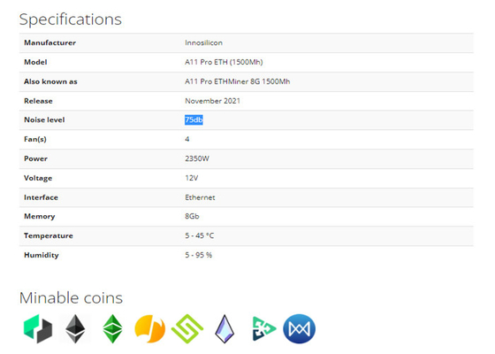 De 1.5GH Innosilicon Asic pro 2350W ETH pièce de monnaie du mineur A11