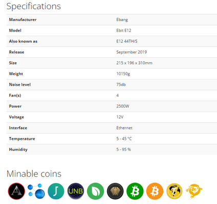 Mineur E12 2500 quarante-quatrième de BTC Ebang Ebit blanc du watt SHA-256