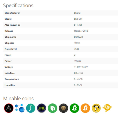 Mineur 74db 10nm d'E11 30ème 1950W SHA-256 BTC Ebang Ebit