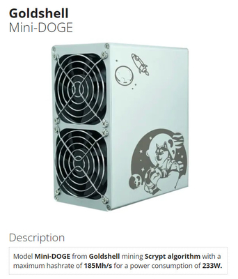 Mineur de la puissance de Hashrate 185Mh d'algorithme de Scrypt d'exploitation de Goldshell de Mini-DOGE 233W Goldshell Asic