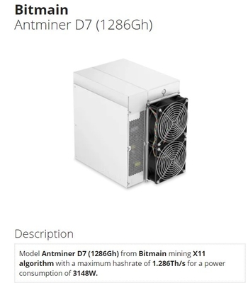 Machine d'abattage du mineur D7 1.286th/S 1183g 1234G de Bitmain Antminer D7 1286gh 3148W X11 Asic