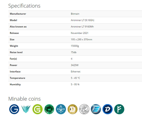 Mineur de Scrypt 9.16Gh L7 Bitmain 9160Mh pour le mien de Dogecoin et de pièce de monnaie de LTC