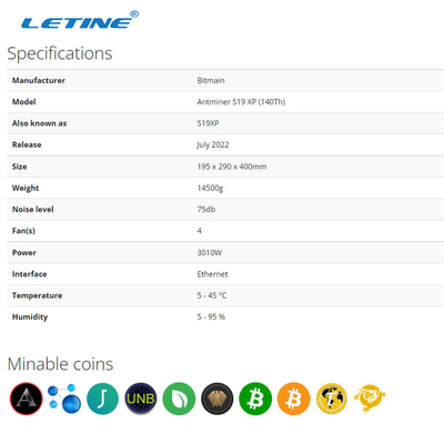 S19 XP 140TH 3100W Bitmain Asic Antminer haut Hashrate 75db