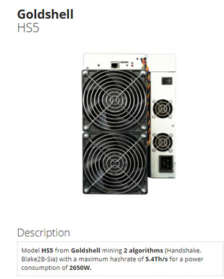 HS5 HS3 HSBOX Goldshell Asic Miner Poignée de main Blake2B-Sia HNS ASIC Miner 2650W
