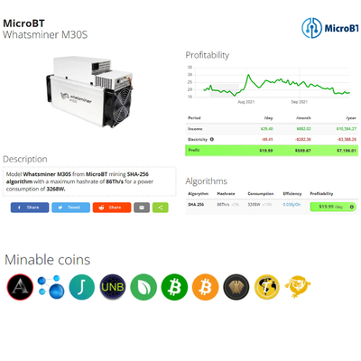 Algorithme de M30S+ 100Th/S Microbt Whatsminer M30s++ 112T M30S 86Th/S SHA-256