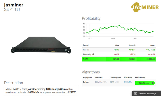 Mineur de Jasminer X4-C 1U EtHash Asic 450Mh 240W pour les sites professionnels de pièce à la maison d'IDC