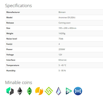Algorithme EtHash ETH ETC Miner Bitmain Antminer E9 3Gh 2556W