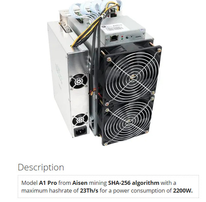 Mineur Aisen A1 pro 23Th/S 26T/S 2200W de Bitcoin Asic d'algorithme de SHA 256