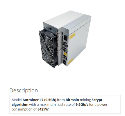 Mineur Bitmain Antminer L7 9500mh 9300mh 9050mh de Dogecoin Litecoin d'algorithme de Scrypt