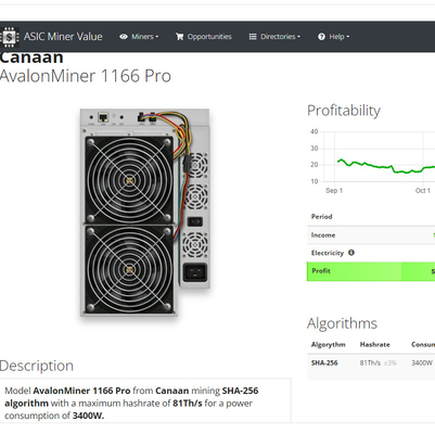 Mineur Avalon Miner de SHA 256 Bitcoin ASIC 1166 pro fans de 81Th/S 12038X4